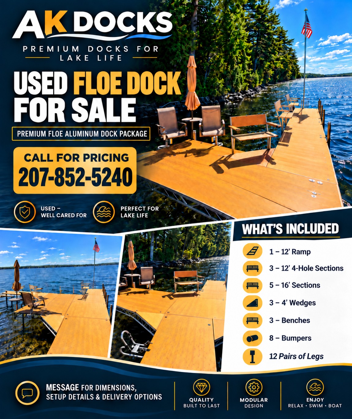 Used FLOE dock package flyer. Call 207-852-5240 for pricing.